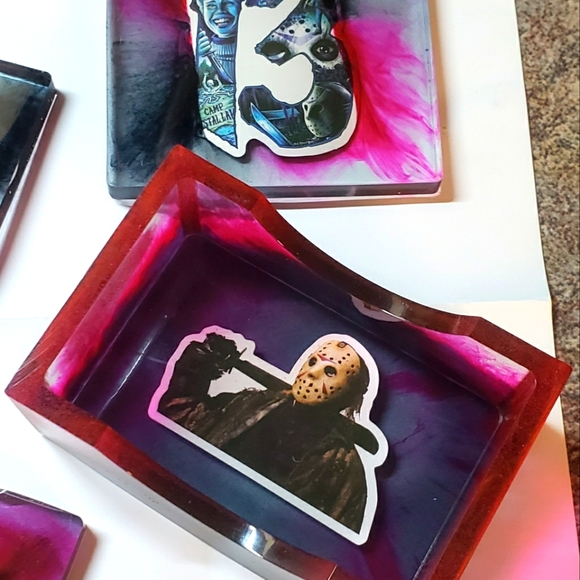Jason Themed Coasters + Holder/Horror/Resin Coasters/Square/5pc plus holder - Picture 2 of 12